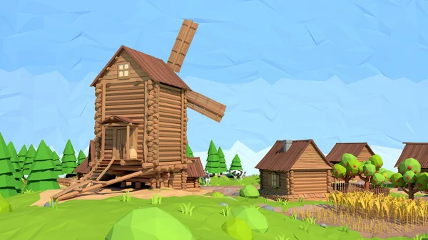 Low-Poly-Windmühle, 3D-Rendering — Stockfoto