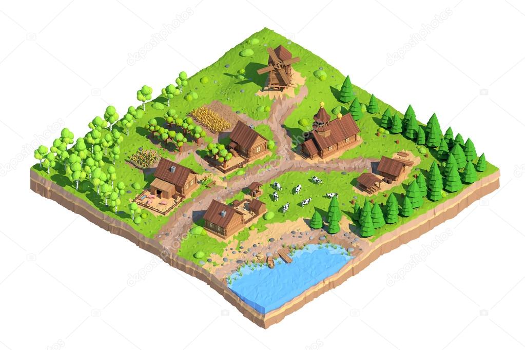 Isometric low poly village, 3D rendering 