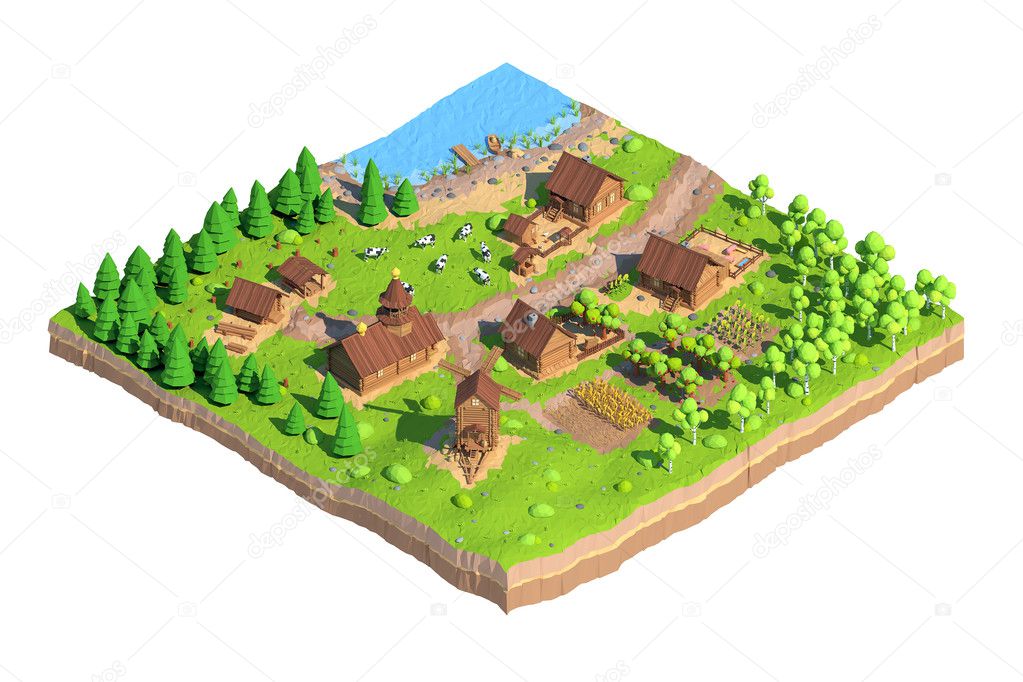Isometric low poly village, 3D rendering 