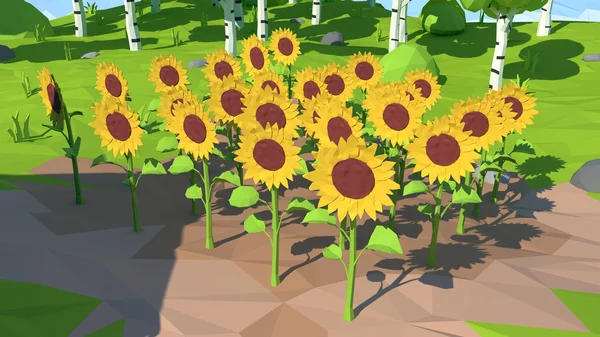 Low-Poly-Sonnenblumen, 3D-Darstellung — Stockfoto