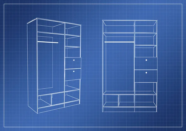 Wardrobe on paper blueprint, 3D rendering — Stock Photo, Image