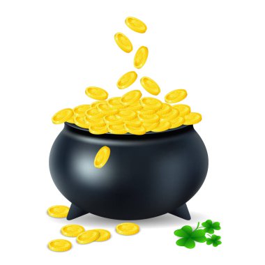 Patricks Günü için altın sikke ile pota. vektör illüstrasyon izole beyaz zemin üzerine Eps10