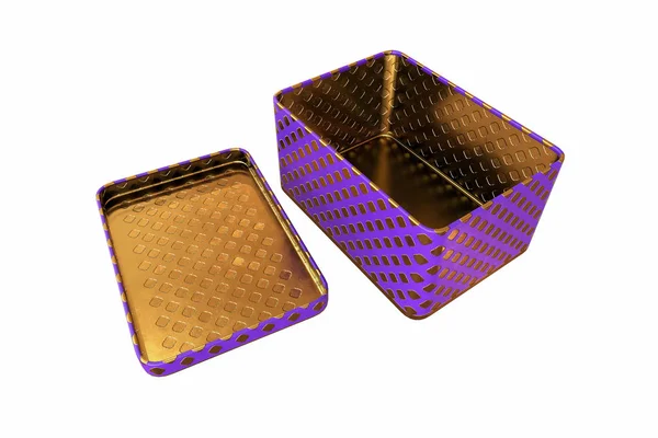 Caja de metal vacía con tapa, aislada sobre fondo blanco, renderizado 3D —  Fotos de Stock