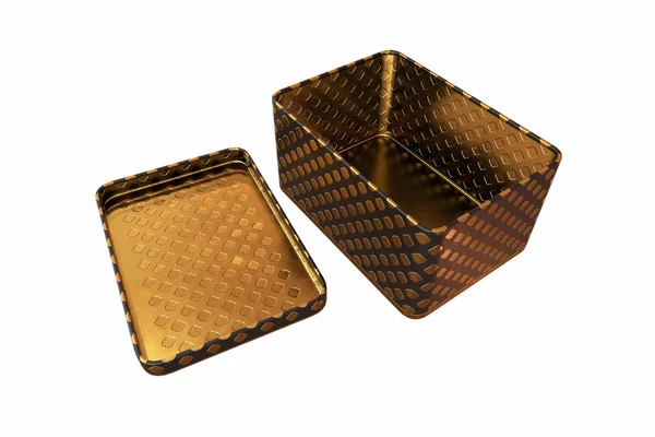 Lege metalen doos met deksel, geïsoleerd op een witte achtergrond, 3D-rendering — Stockfoto