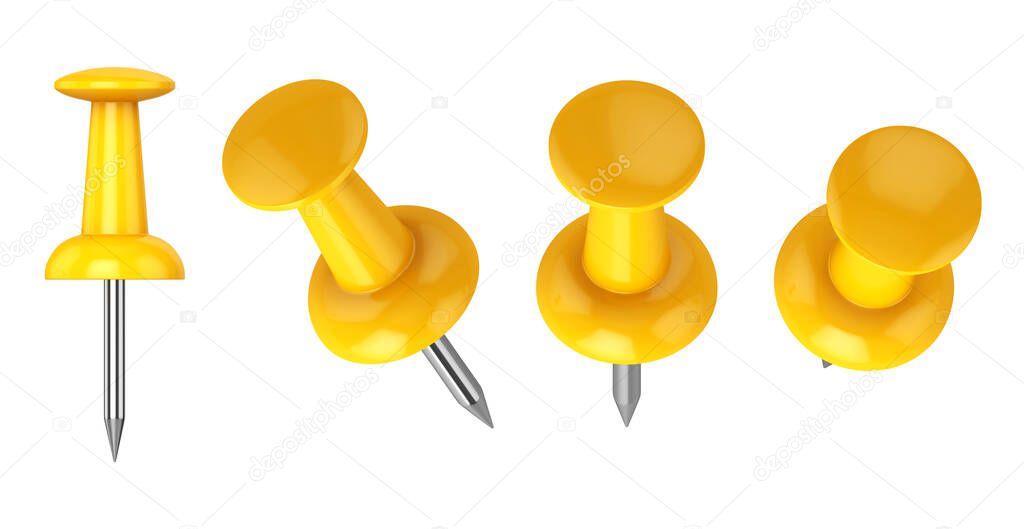 Collection of various push pins isolated on white background, 3d rendering. Illustration