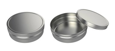 Metal kavanoz açık ve kapalı, beyaz arka planda izole edilmiş, 3D görüntüleme. Görüntü