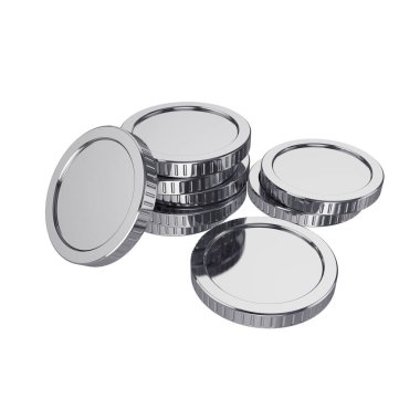 Beyaz arka planda izole edilmiş gümüş paralar, üç boyutlu görüntüleme. Görüntü