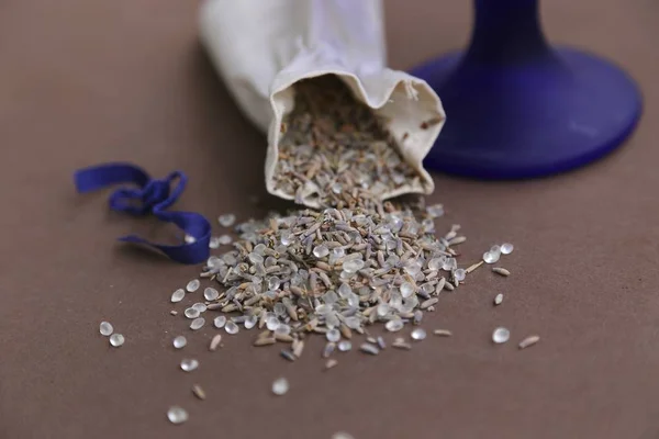 Bath Salt Handmade Fabric Bag Lavender Seeds Brown Table — Stock Photo, Image