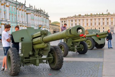 İnsanlar namlu freninde kırmızı karanfil olan silahlara bakar ve...