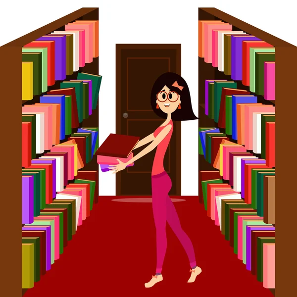 Pretty girl holding books in a library. — Stock Vector
