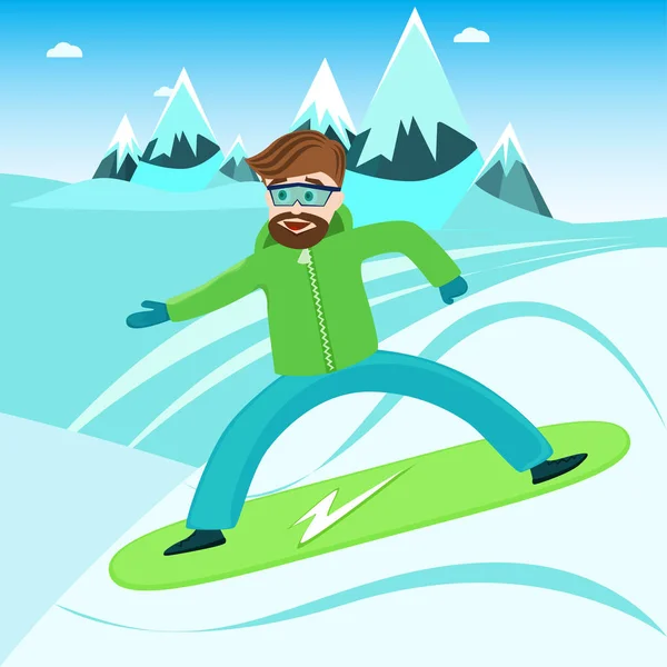 Cartoon snowboard ryttare med bergen i bakgrunden. — Stock vektor
