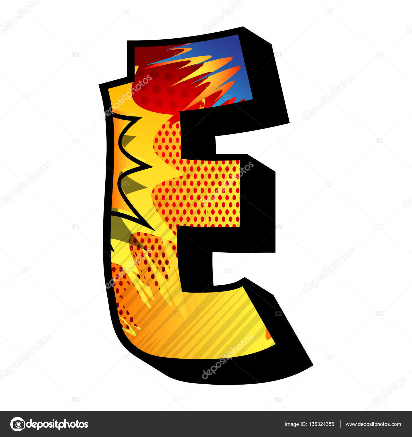 Letter E filled with comic book explosion, background. Stock Vector ...