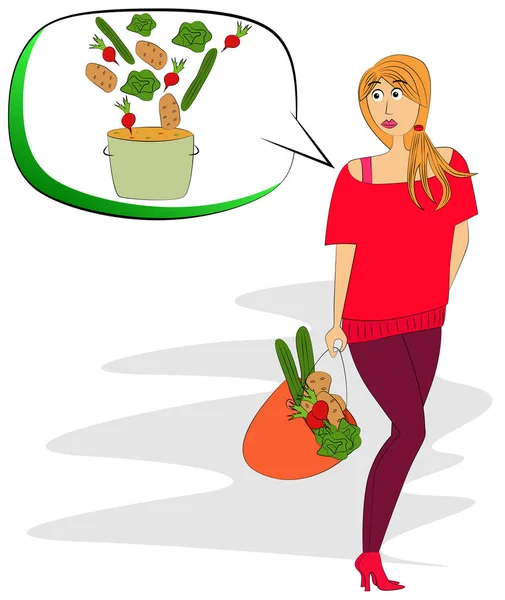 Mädchen trägt eine Tüte mit Gemüse. — Stockvektor