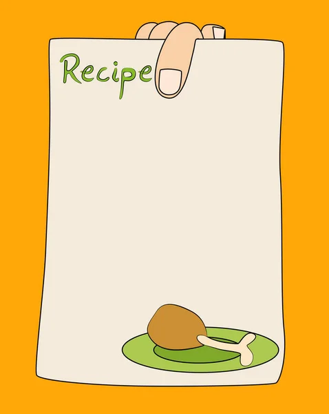 Рука держит рецепт карты шаблон с жареной курицей . — стоковый вектор