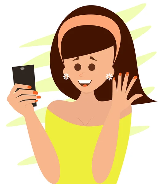 Pretty girl makes selfie with her shiny nails. — Stock Vector