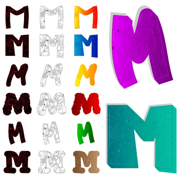Set di lettere M, riempito con elementi floreali . — Vettoriale Stock