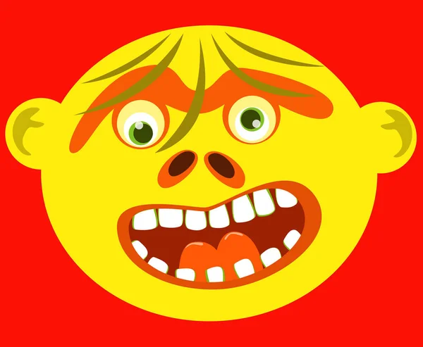 Rajzfilm csúnya sárga monster arca piros háttér. — Stock Vector
