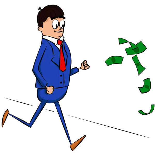 Vector ilustrado hombre de negocios de dibujos animados corriendo tras el dinero . — Vector de stock