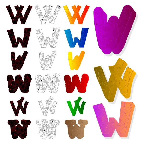 Insieme illustrato vettoriale di lettera W, riempito con elementi floreali . — Vettoriale Stock