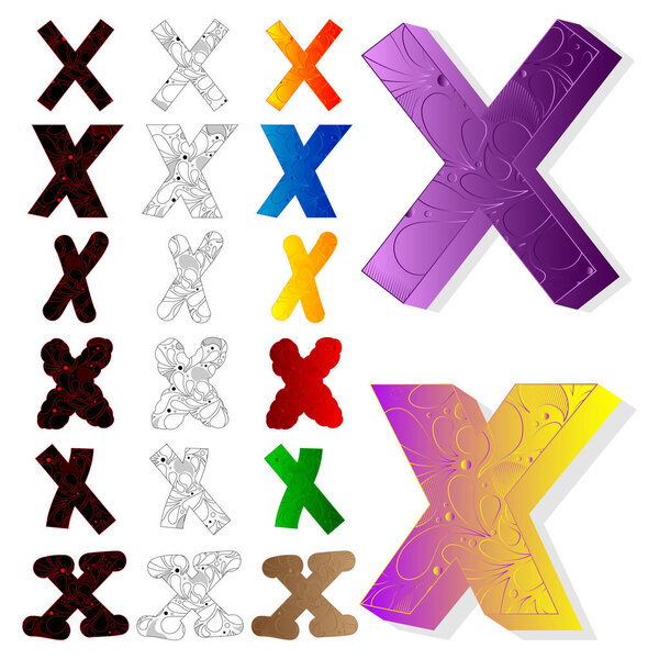 Vector illustrated set of letter X, filled with floral elements.