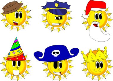 Çizgi film güneş kostüm koleksiyonu. İfadeler kümesi vektör.