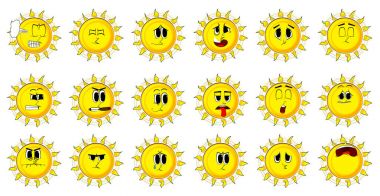 Çizgi film güneş koleksiyonu ile yüzleri üzgün. İfadeler kümesi vektör.