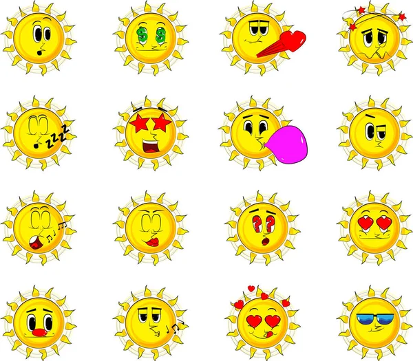 Cartoon solen samling med olika ansiktsuttryck. Vektor set. — Stock vektor