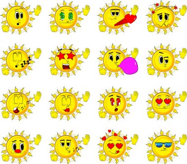 Çeşitli yüz ifadeleri ile el sallayarak ile çizgi film güneş.