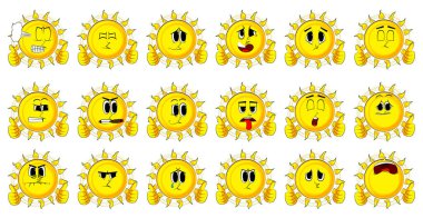 Çizgi film güneş işareti iki elle yukarı yapma.