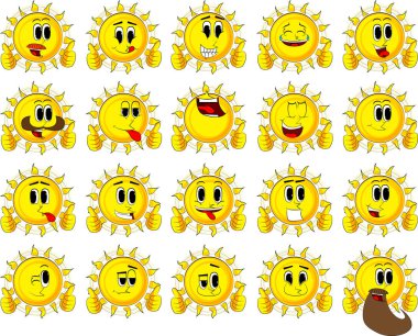 Çizgi film güneş işareti iki elle yukarı yapma.