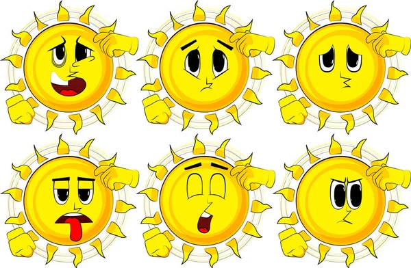 Desenhos animados sol confuso. Coleção com rostos tristes. Conjunto de vetores de expressões . — Vetor de Stock