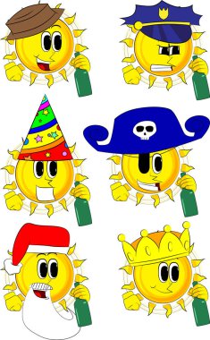 Bir şişe tutan karikatür güneş.