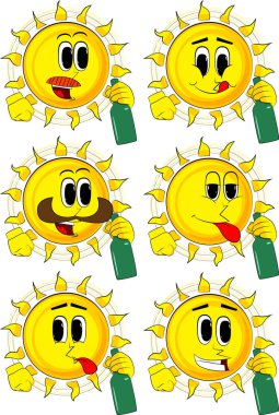 Bir şişe tutan karikatür güneş.