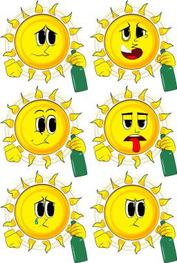 Bir şişe tutan karikatür güneş.