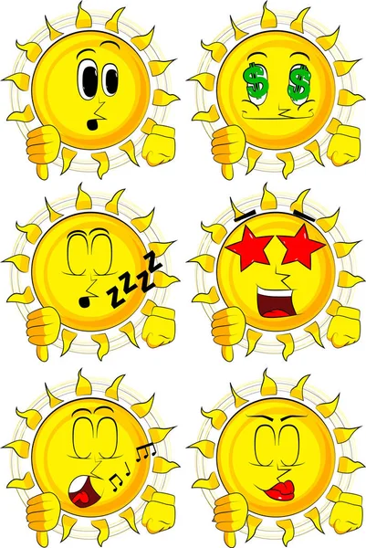 Cartoon-Sonne zeigt Abneigung gegen Handzeichen. — Stockvektor