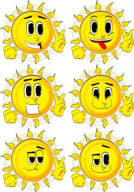 V işaret gösteren güneş karikatür. Mutlu yüzler koleksiyonuyla. İfadeler kümesi vektör.