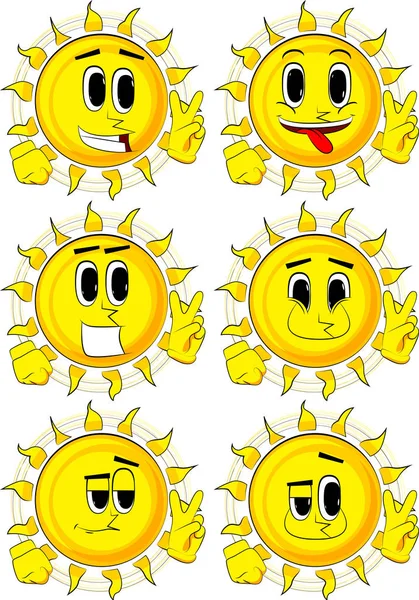V işaret gösteren güneş karikatür. Mutlu yüzler koleksiyonuyla. İfadeler kümesi vektör.