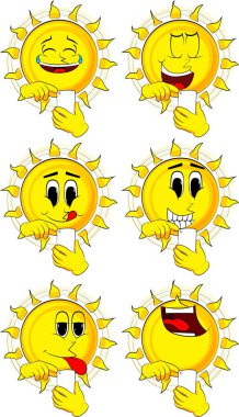 Bir cep telefonu kullanarak güneş karikatür. Mutlu yüzler koleksiyonuyla. İfadeler kümesi vektör.