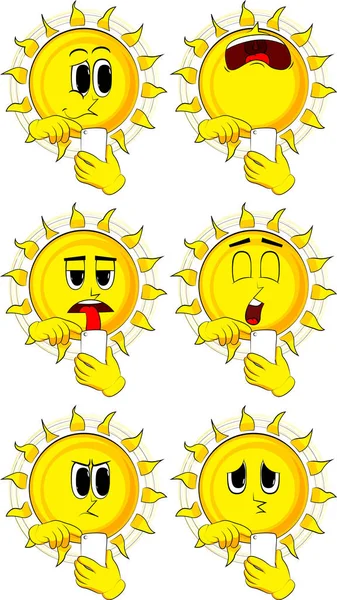 Bir cep telefonu kullanarak güneş karikatür. Yüzleri üzgün koleksiyonuyla. İfadeler kümesi vektör.