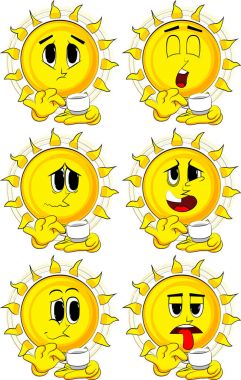 Bir fincan kahve holding karikatür güneş.