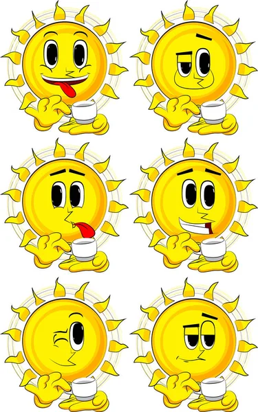 Bir fincan kahve holding karikatür güneş.