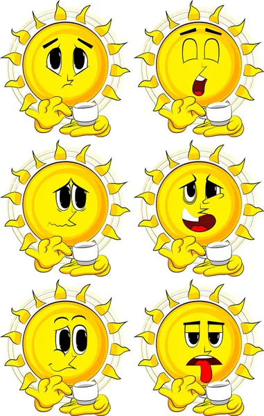 Bir fincan kahve holding karikatür güneş.