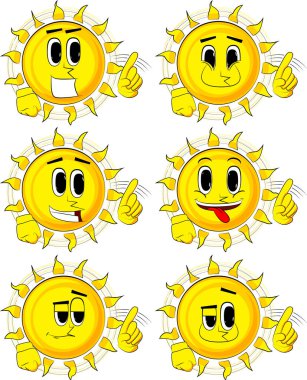 Çizgi film güneş söyleyerek parmağıyla Hayır. Mutlu yüzler koleksiyonuyla. İfadeler kümesi vektör.