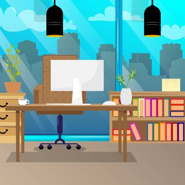 Office ile birlikte büyük pencere, masaüstü, modern monitör, iç mobilya.