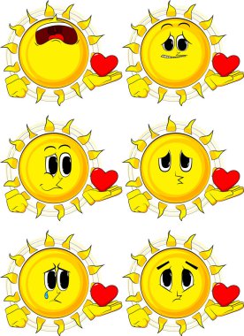 Kırmızı kalp elinde tutan karikatür güneş.