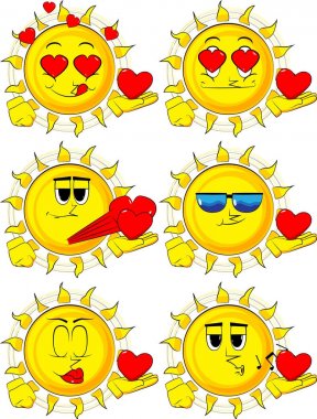 Kırmızı kalp elinde tutan karikatür güneş.