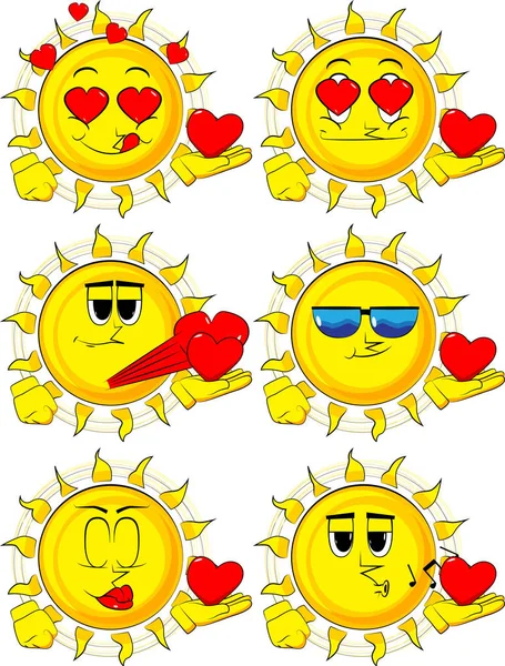 Kırmızı kalp elinde tutan karikatür güneş.