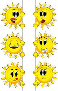 Boş işaret tutan karikatür güneş.