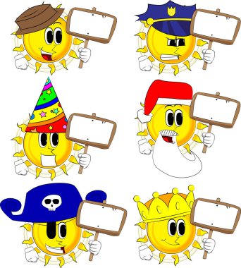 Boş işaret tutan karikatür güneş.