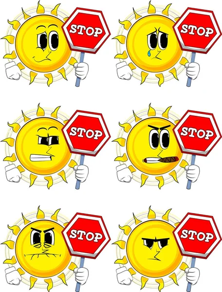 Cartoon sun holding a stop sign. — Stock Vector